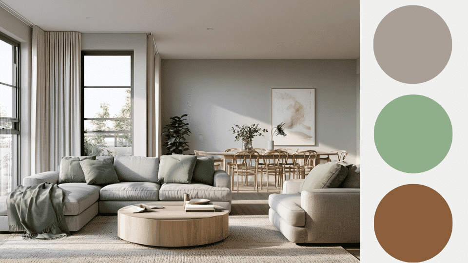 Modern open plan living room with grey, sage green and natural wood palette