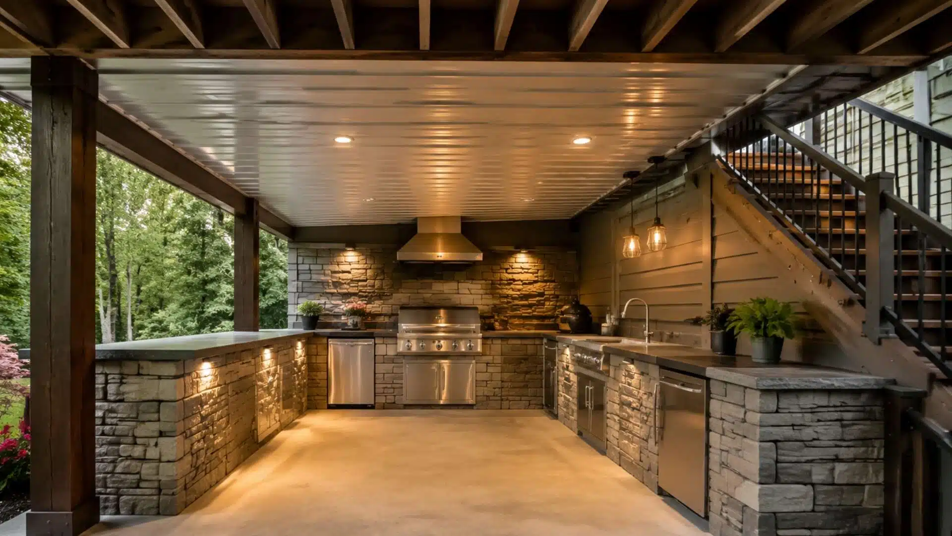 Under-deck outdoor kitchen idea featuring stone finishes, a built-in grill, and barbeque area.
