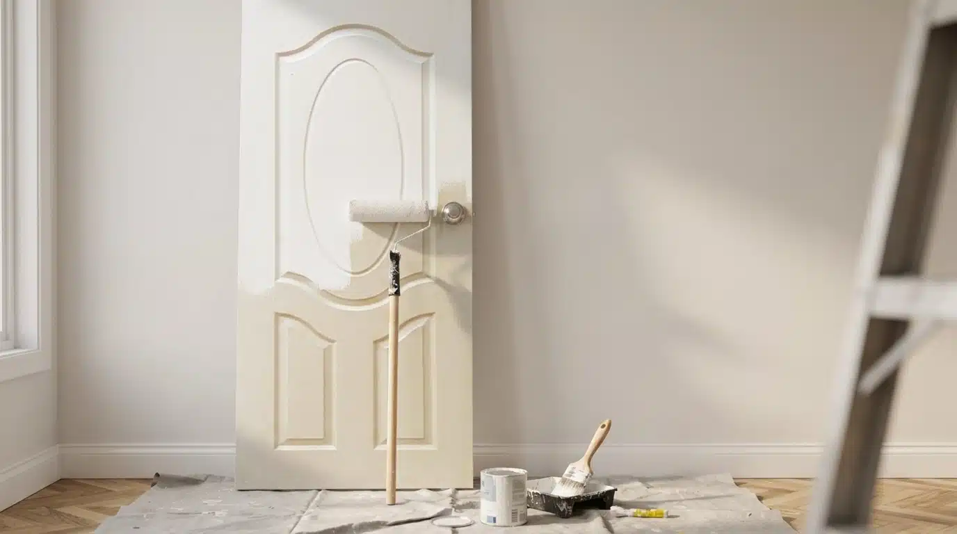 Person painting a white interior door with roller, paint supplies and drop cloth in room.