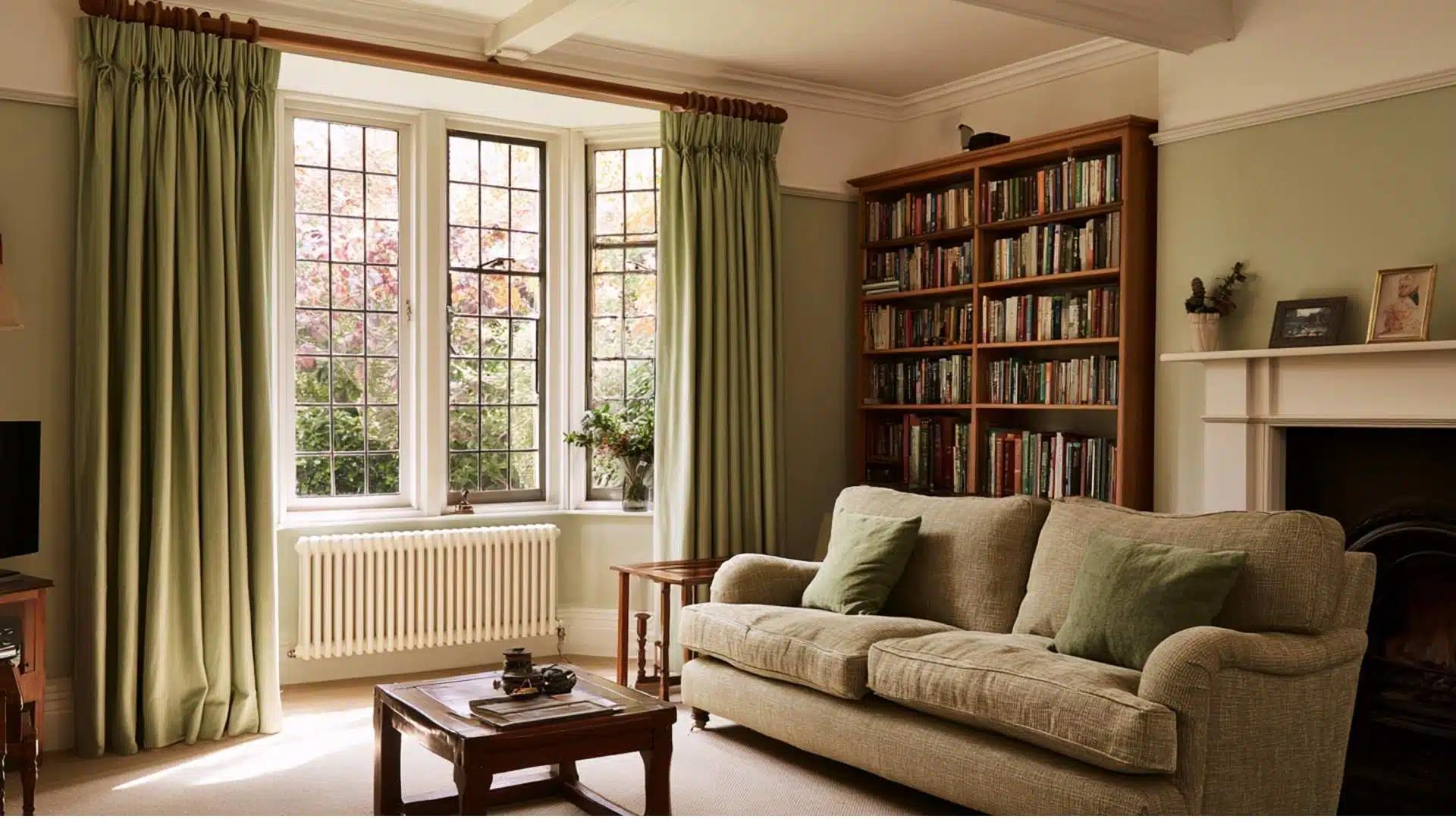 Sage green pencil pleat curtains on a bay window in a traditional living room with bookshelves