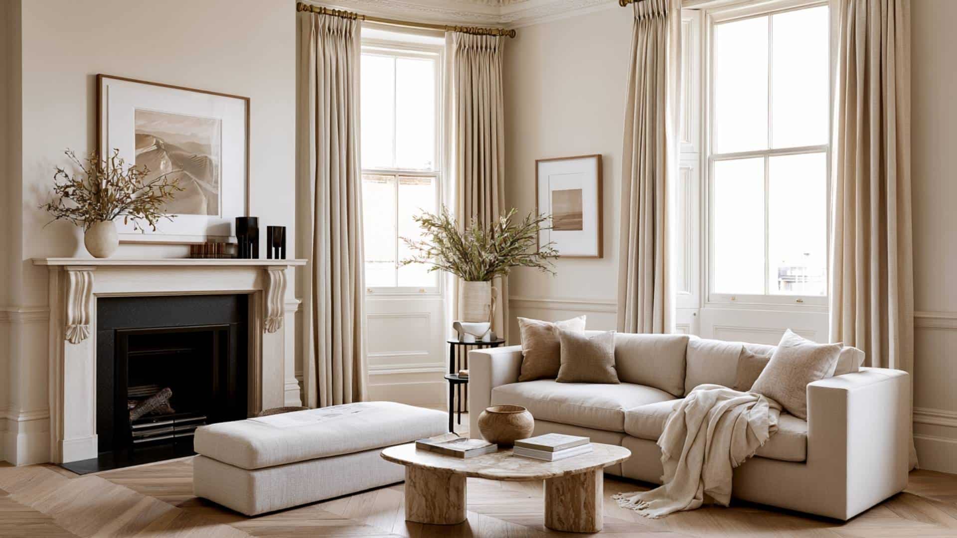 Beige pinch pleat curtains framing tall windows in a neutral living room with fireplace