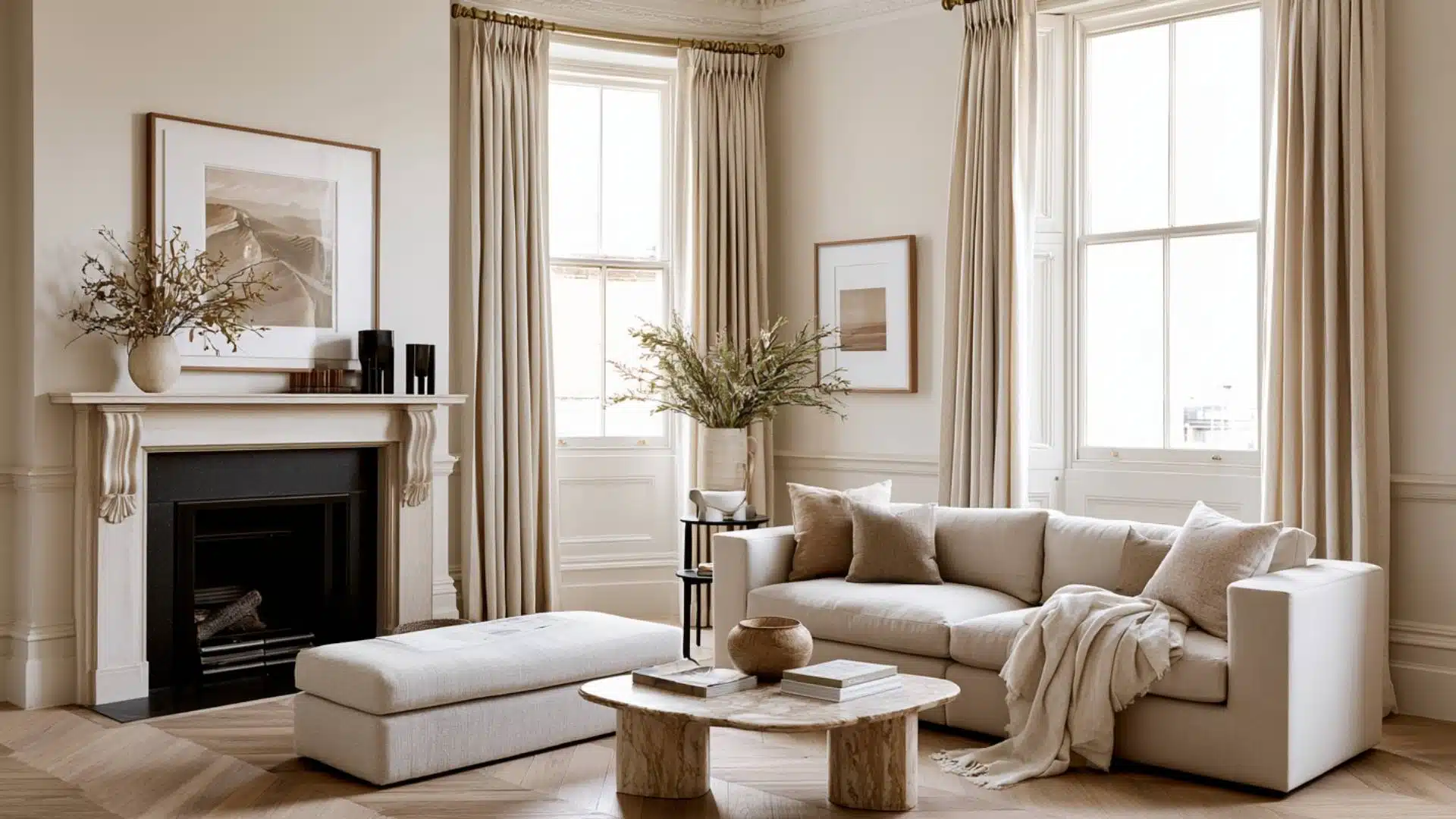 Beige pinch pleat curtains framing tall windows in a neutral living room with fireplace