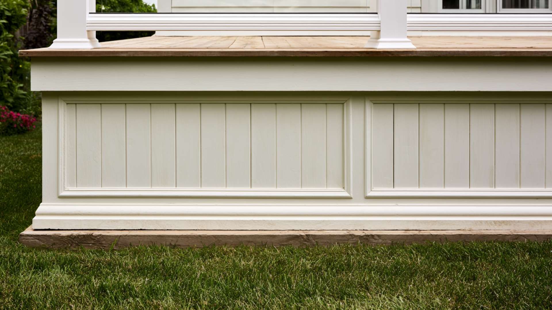 Cream painted plywood panels with beadboard grooves and trim skirt this deck's base neatly.