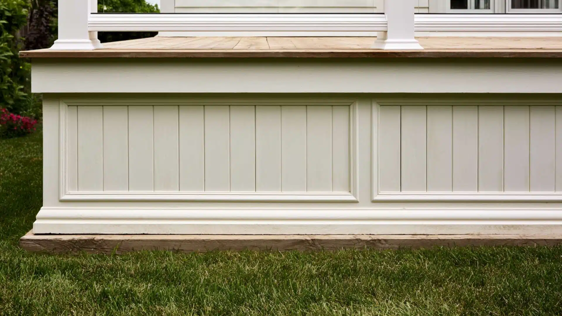 Cream painted plywood panels with beadboard grooves and trim skirt this deck's base neatly.