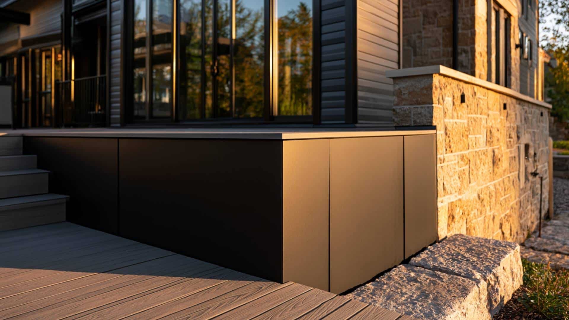 Black powder coated metal panels forming sleek deck skirting near stone wallin the golden hour