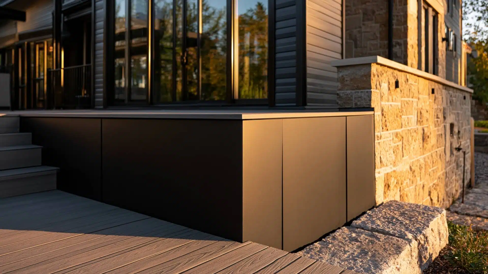 Black powder coated metal panels forming sleek deck skirting near stone wallin the golden hour
