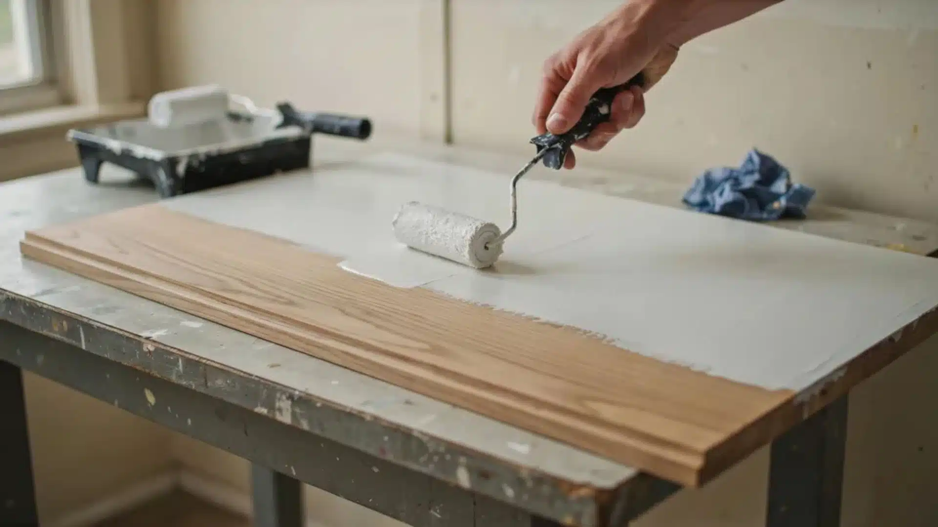 Hand applying primer with roller on wooden panel showing smooth base coat in bright indoor utility room setting