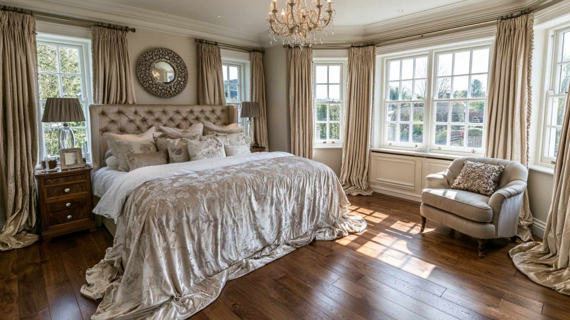 Gold silk puddle-length curtains pooling on hardwood floor in a formal bedroom with chandelier and bay windows