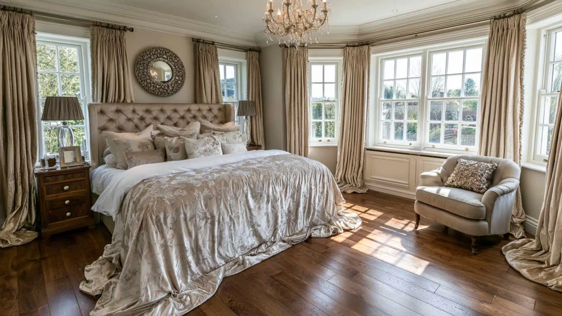 Gold silk puddle-length curtains pooling on hardwood floor in a formal bedroom with chandelier and bay windows