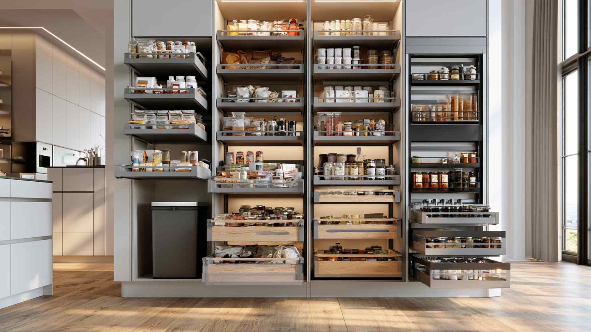 Pull-out pantry cabinet extended showing organized groceries jars and spices in modern efficient kitchen storage system