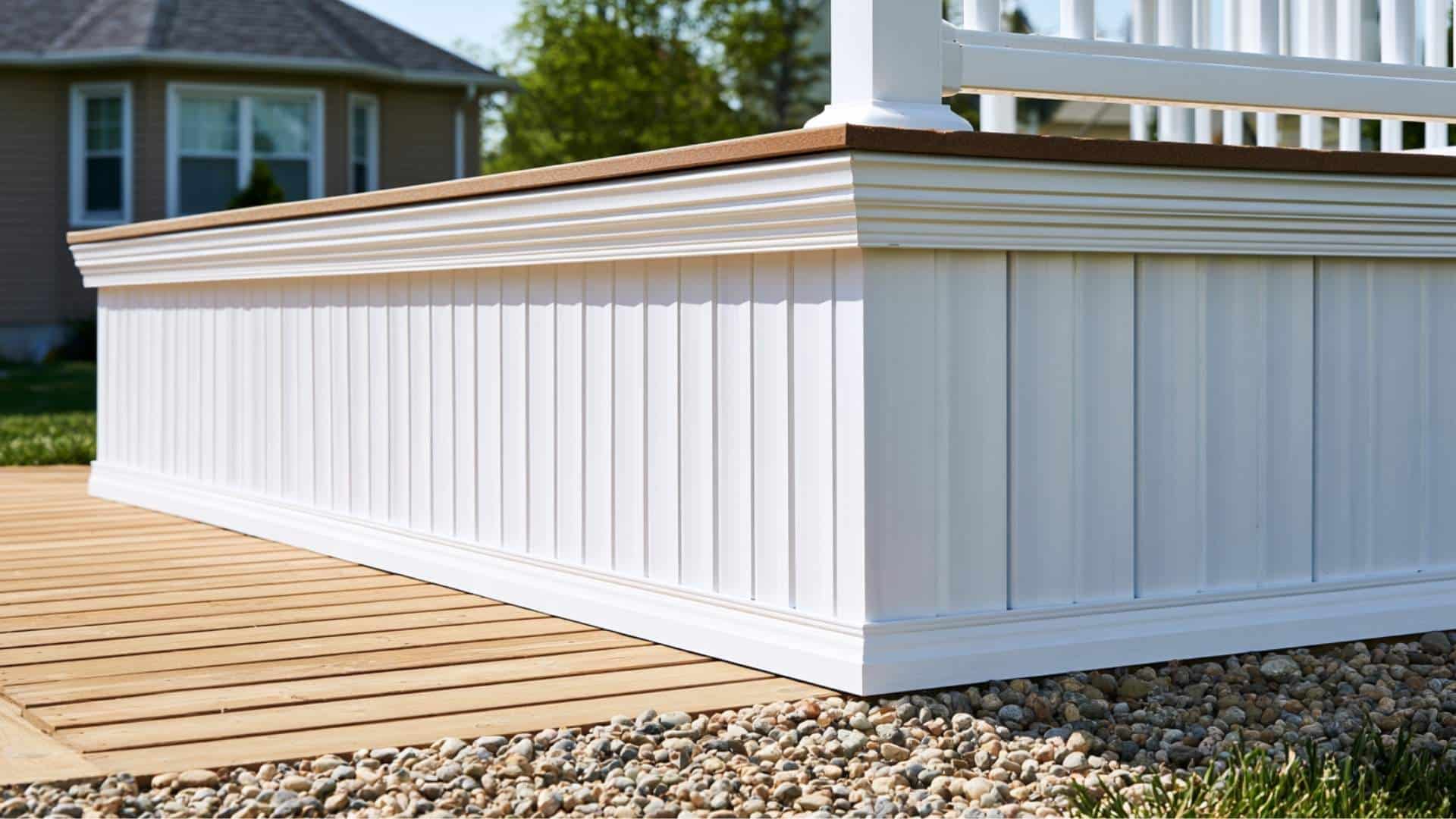 PVC Sheet Skirting on a white modern deck base next to a gravel pathway.