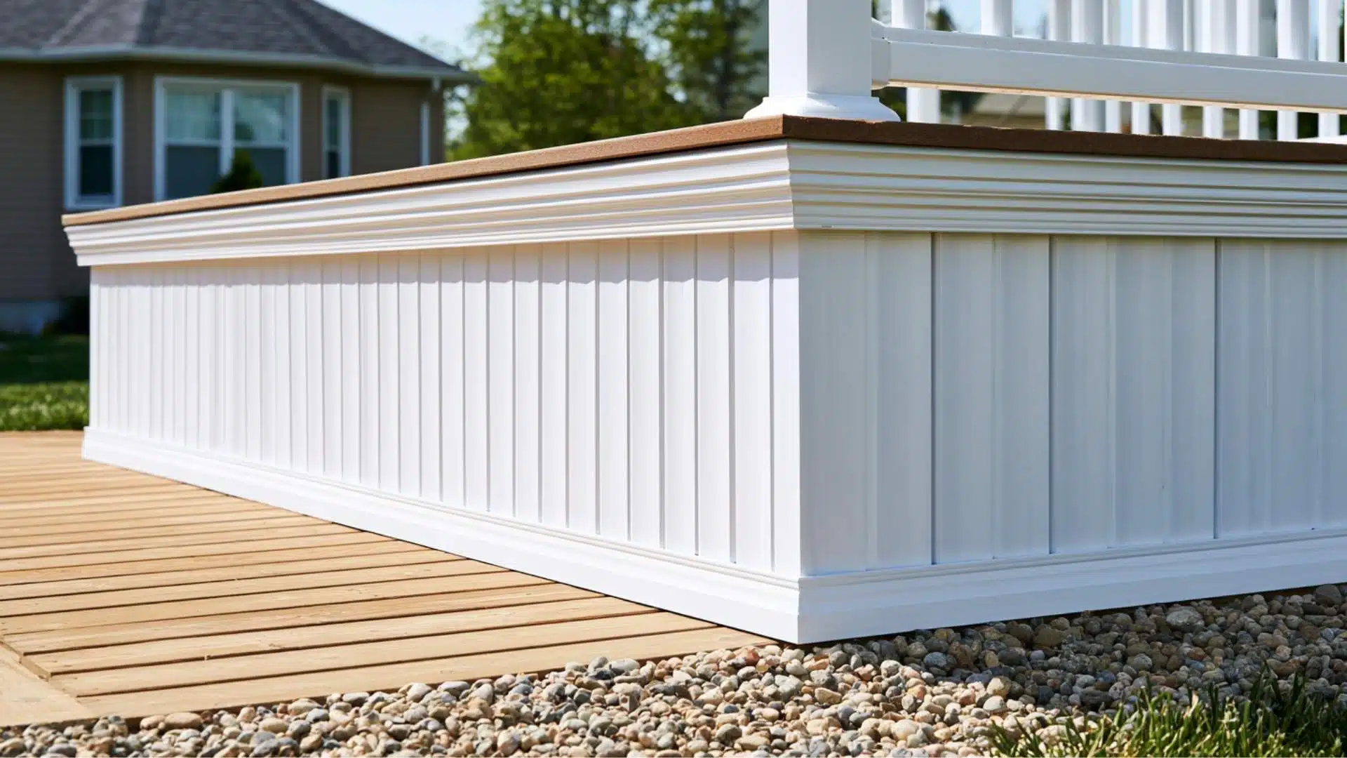 PVC Sheet Skirting on a white modern deck base next to a gravel pathway.