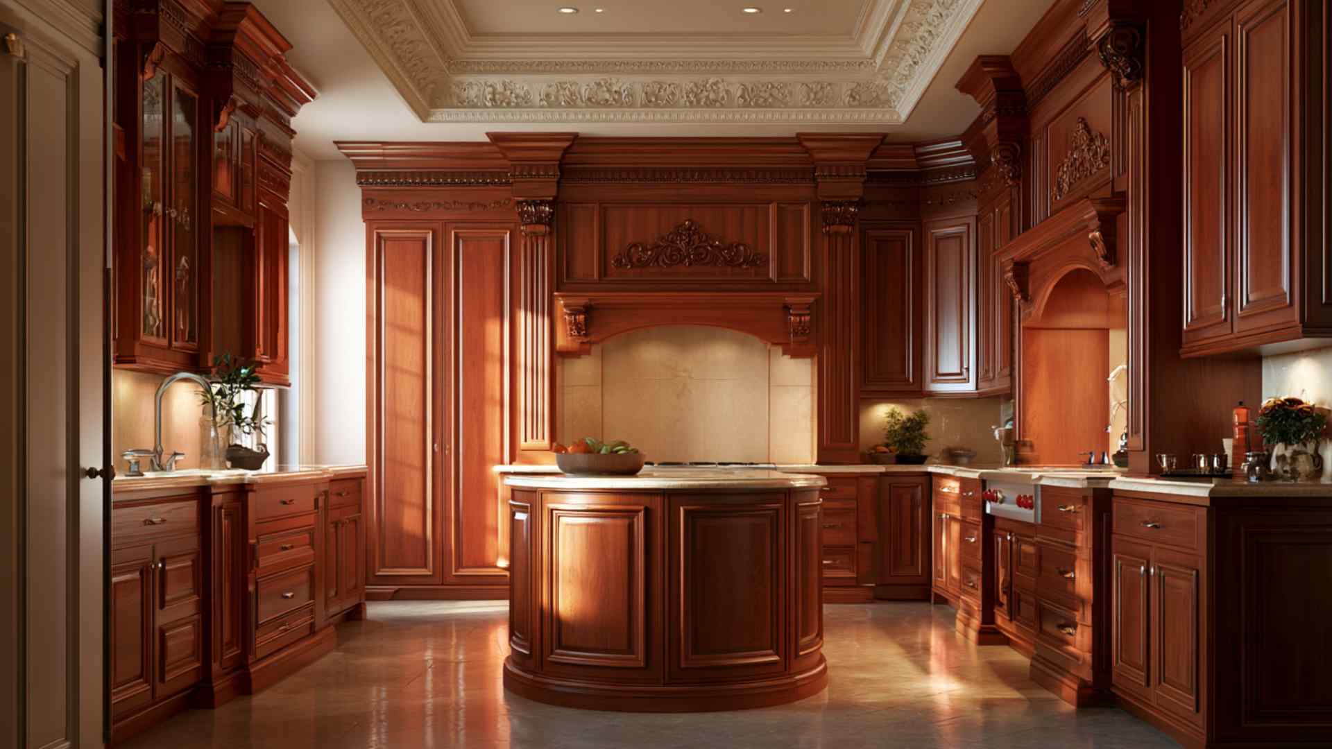 Raised panel wood kitchen cabinets with ornate detailing in classic traditional elegant kitchen interior