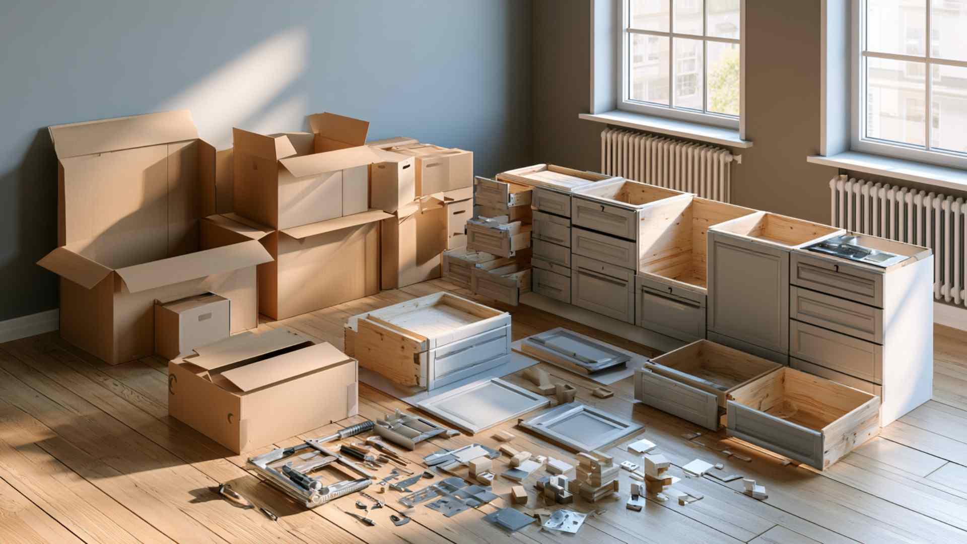 RTA kitchen cabinets in flat pack boxes with partially assembled units and tools in a clean DIY workspace