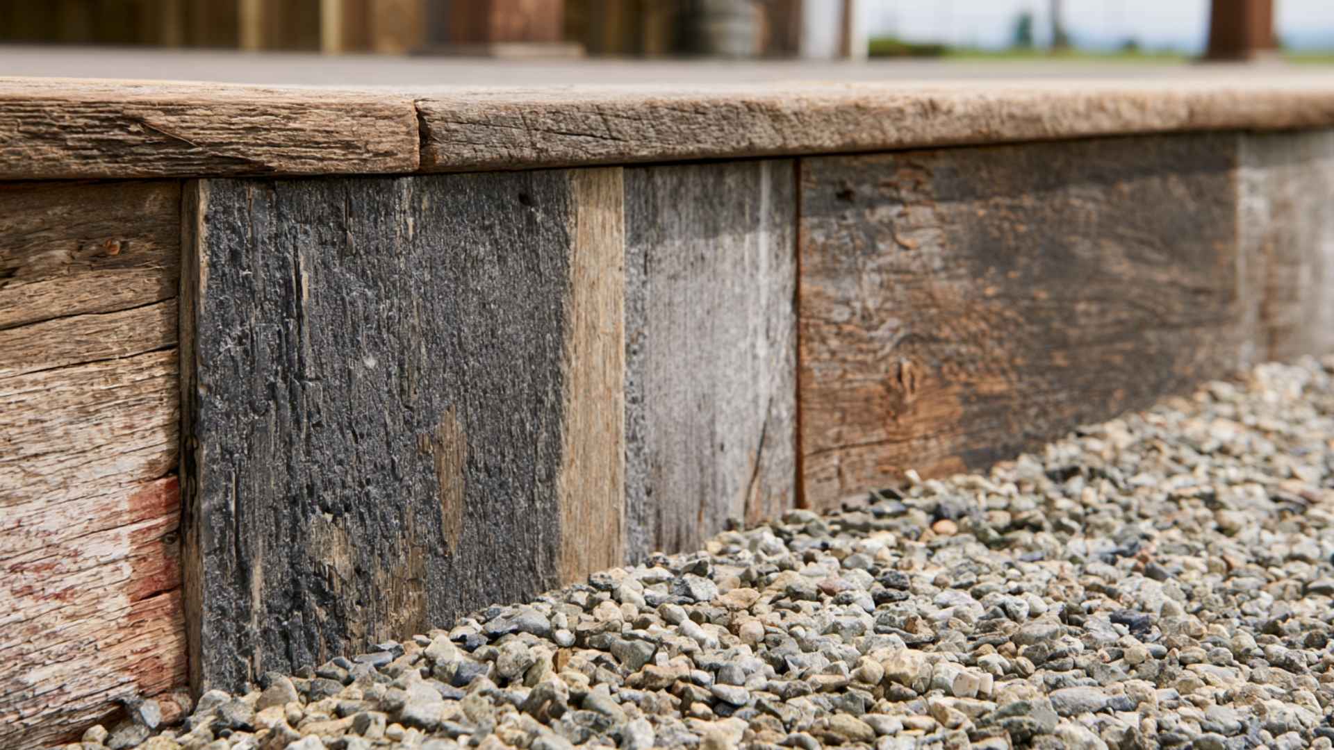 reclaimed wood boards in mixed tones skirt a deck edge above gravel ground.