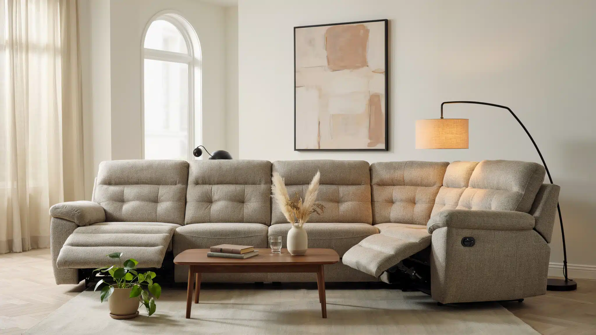 Recliner sofa sectional with multiple seats and built in reclining functions in spacious living room.