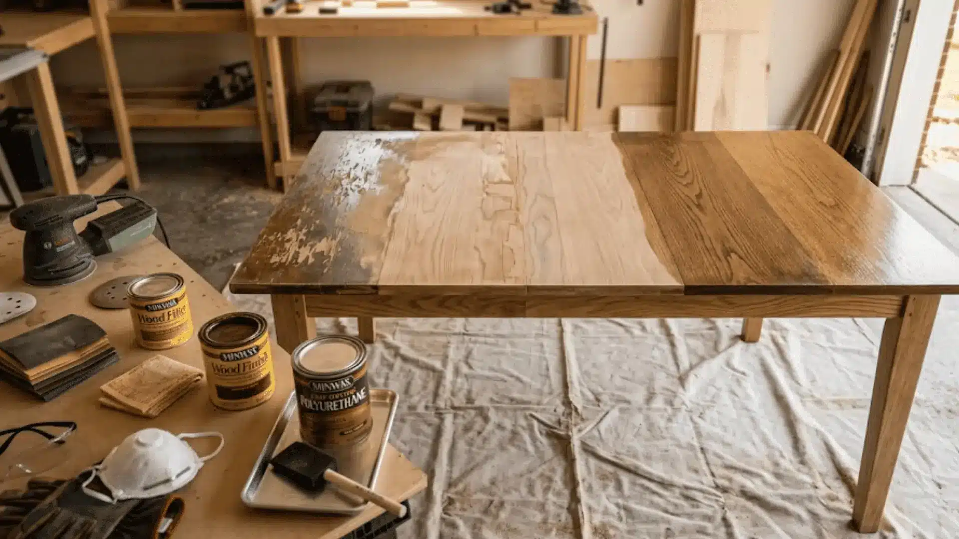 Wooden table being refinished in a workshop with sanding tools, stain, and finishing supplies nearby.