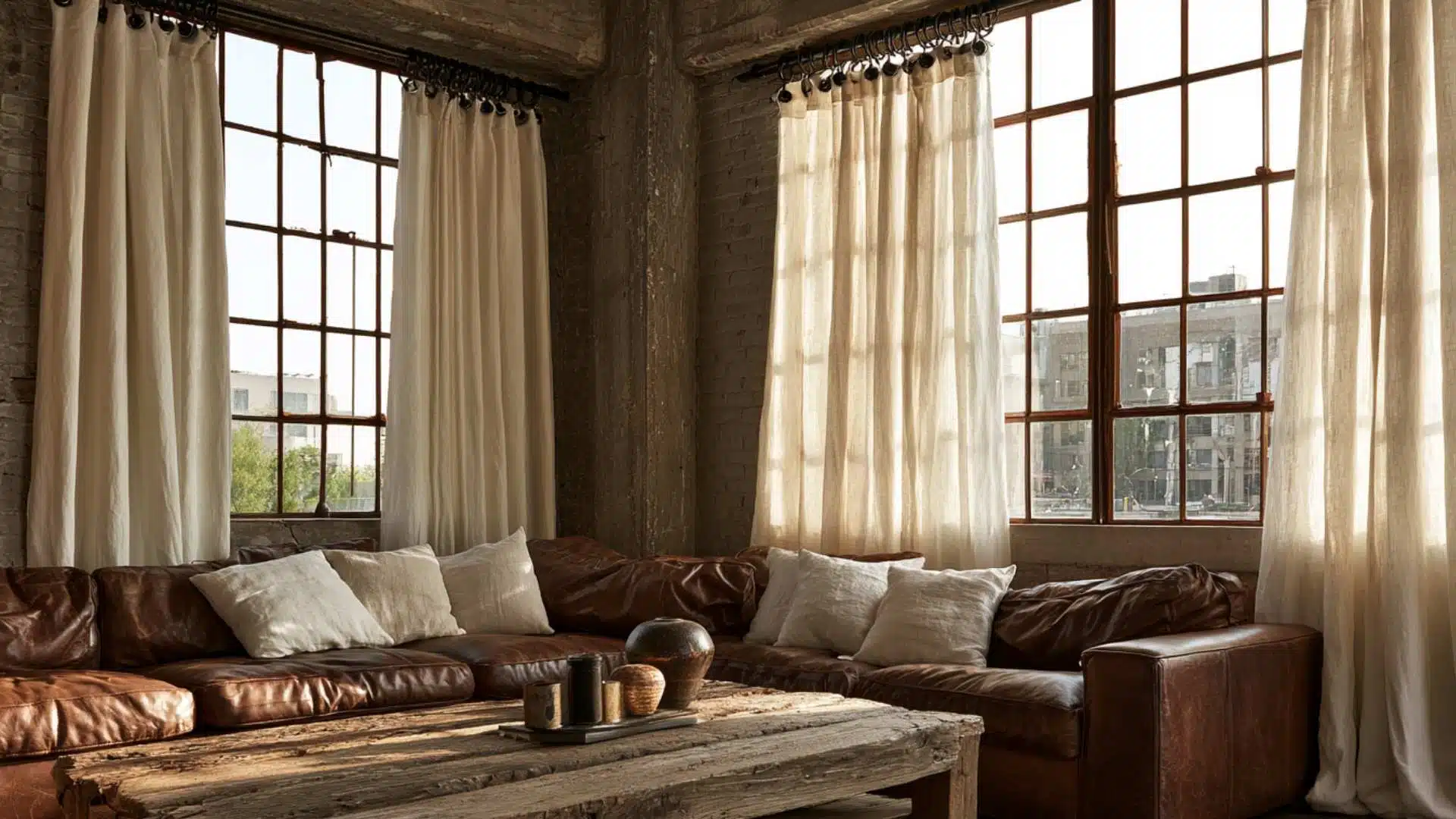 Cream linen ring clip curtains on black iron rod in a rustic industrial living room with leather sofas