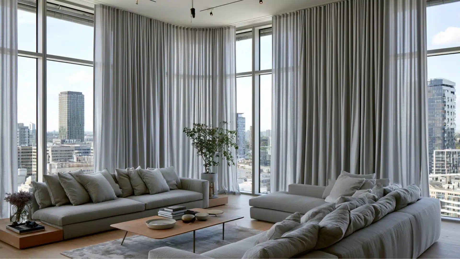 Floor-to-ceiling gray ripple fold curtains in a modern high-rise living room with city views