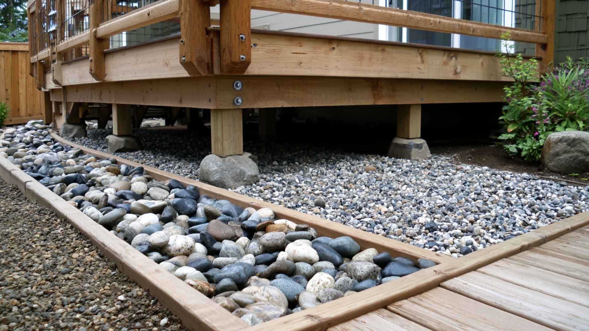 Wood deck raised on posts over a gravel and river rock base for drainage and airflow.