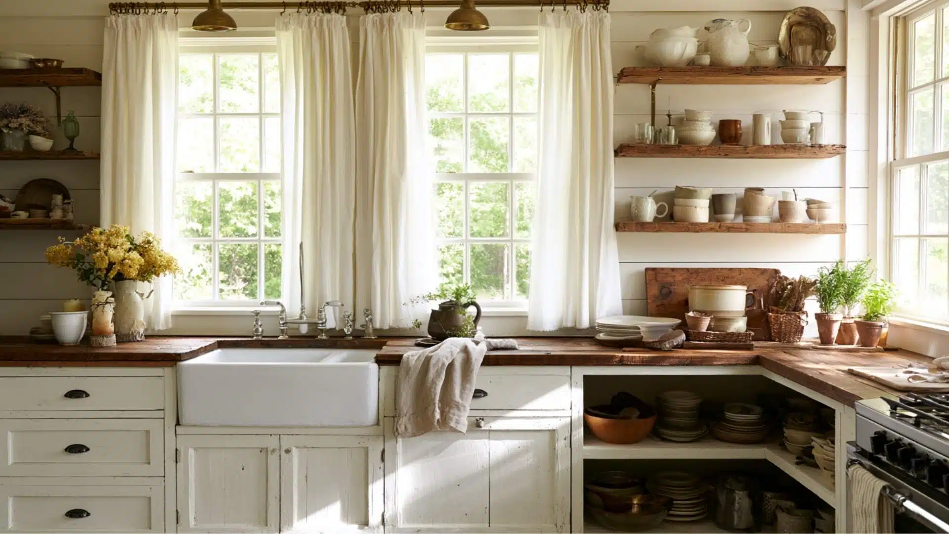 White rod clip curtains on brass hooks in a rustic farmhouse kitchen with open wooden shelves
