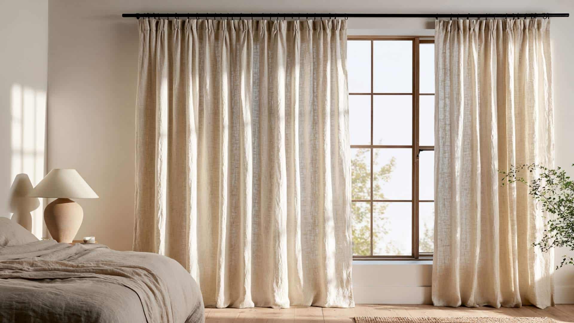 Curtains Natural linen rod pocket curtains in a soft bedroom with warm morning light and wooden floor