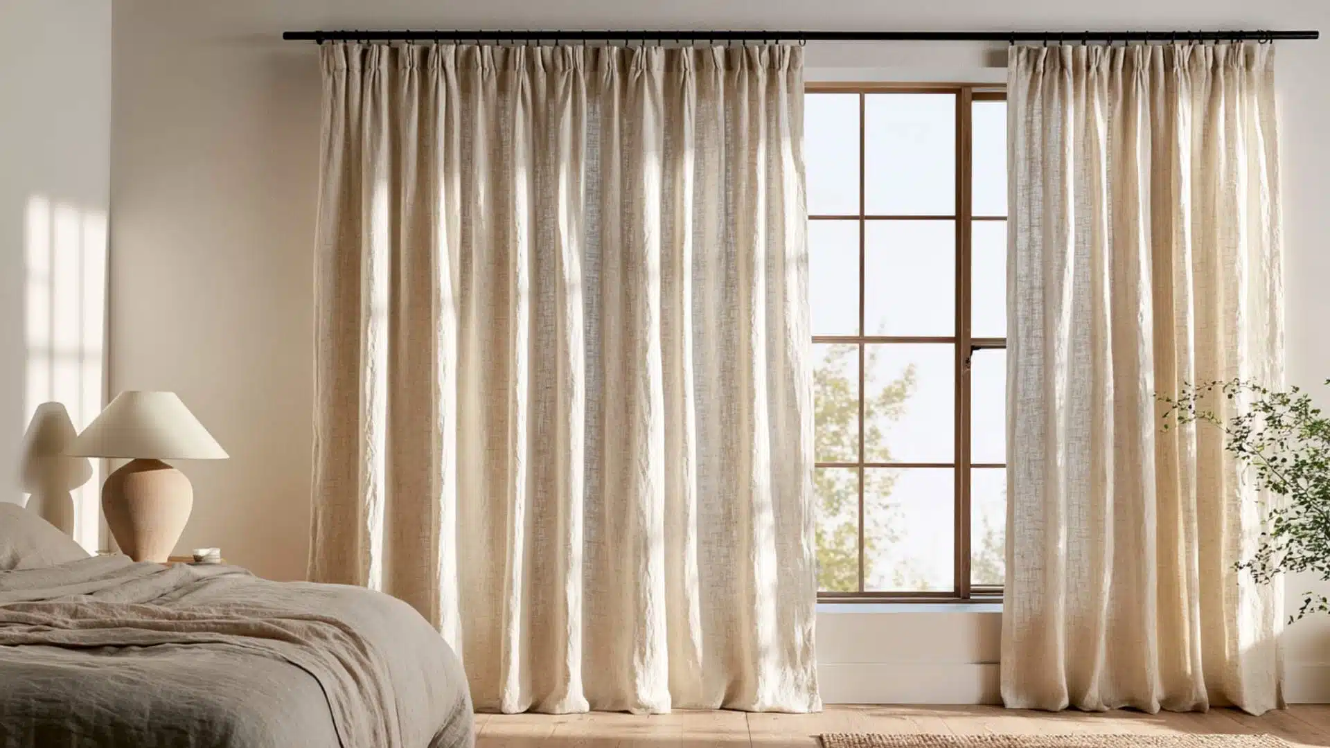 Curtains Natural linen rod pocket curtains in a soft bedroom with warm morning light and wooden floor