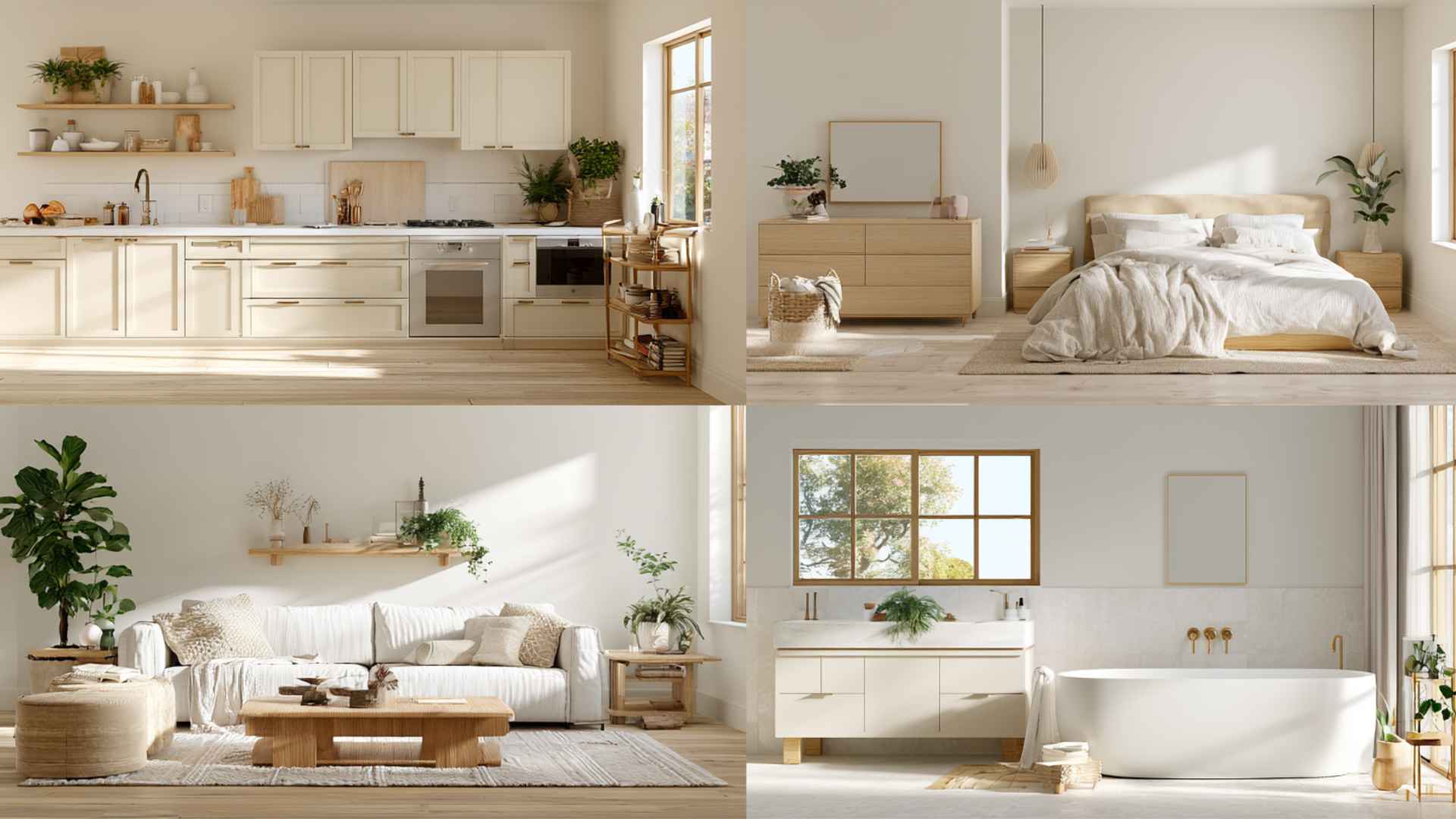 Kitchen, bedroom, living room, and bathroom showing ideal uses for Shoji White and Alabaster.