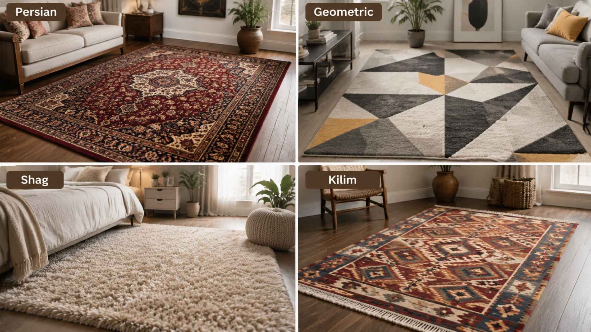 Four-panel collage of rug styles: Persian, geometric, shag, and kilim in interior rooms