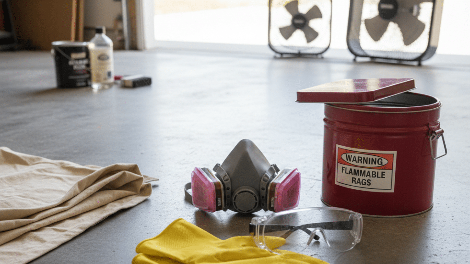 Respirator mask, safety goggles, and a red oily-waste container on a workshop table for refinishing.