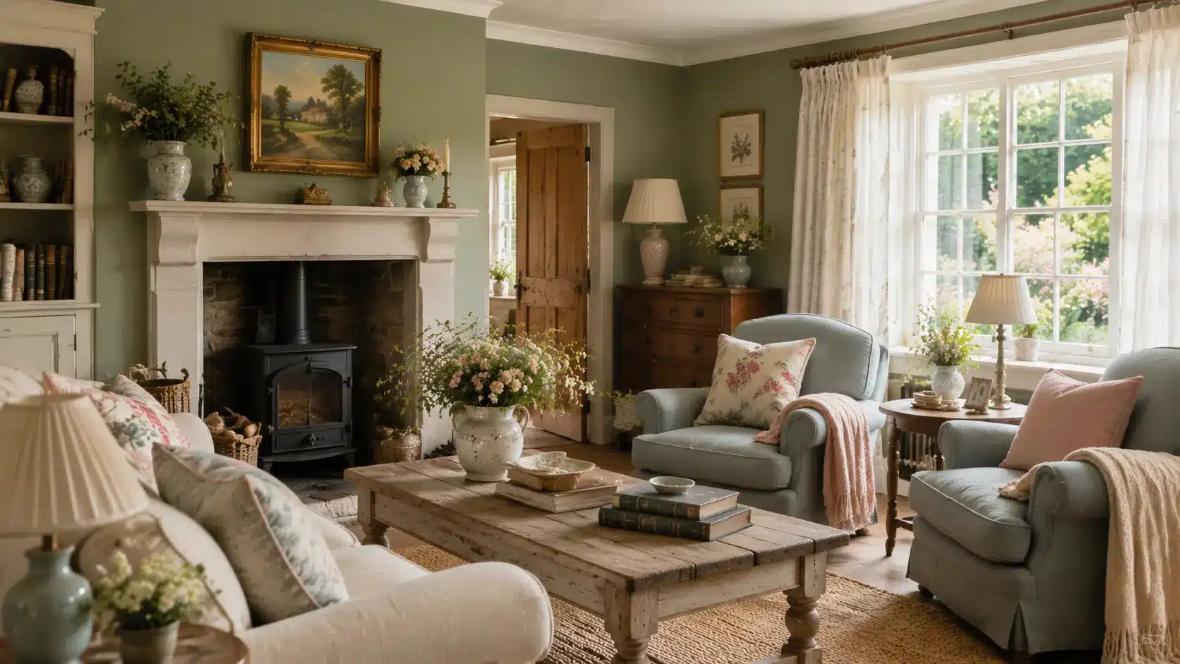 Sage green English cottage living room with soft muted colors