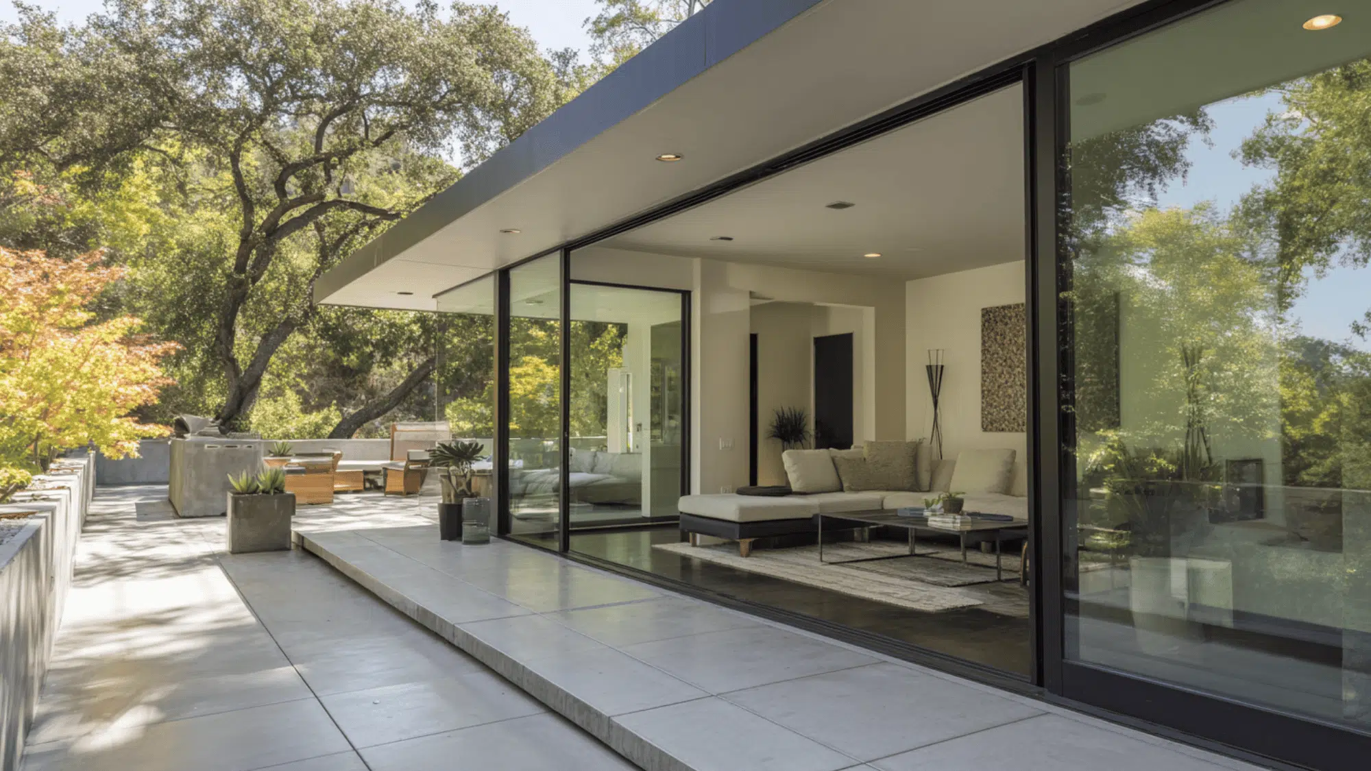 Modern indoor outdoor flow with sliding doors opening onto a concrete patio with matching exterior materials