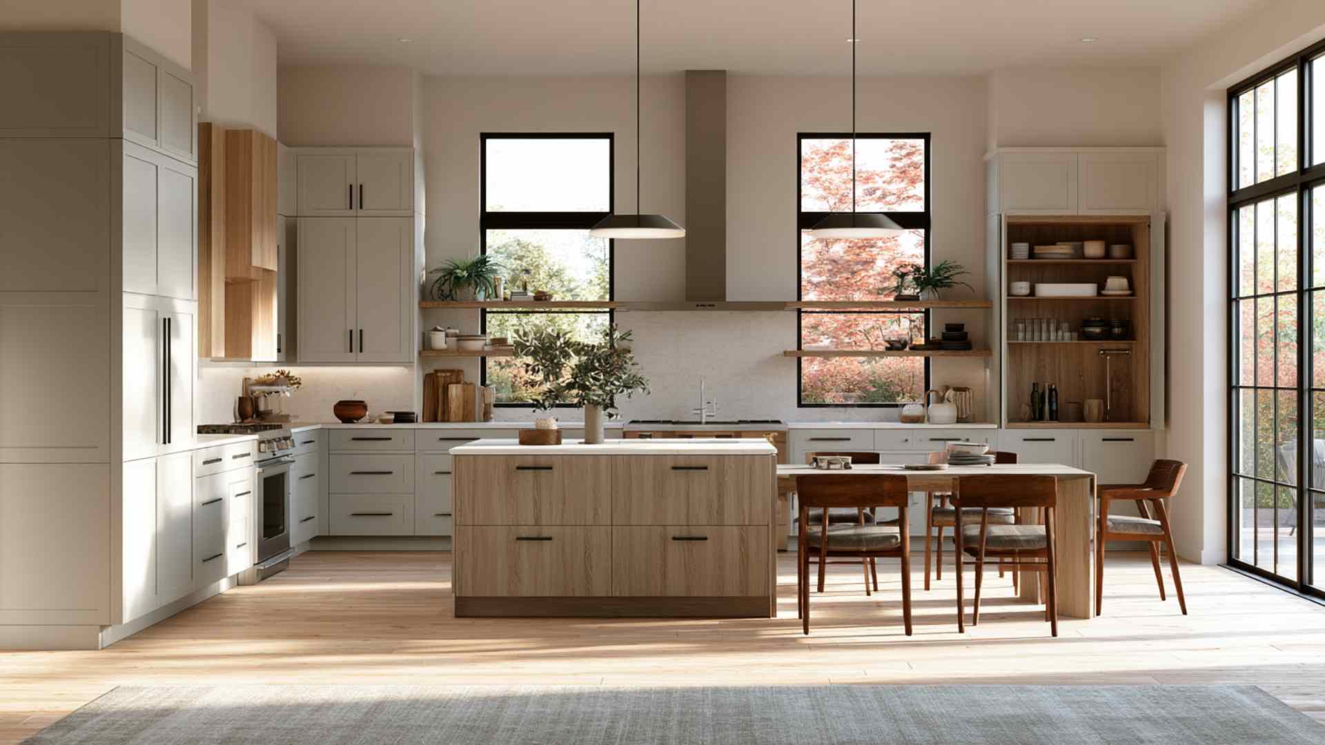 Semi-custom kitchen cabinets with adjustable storage and mixed finishes in a modern functional kitchen layout