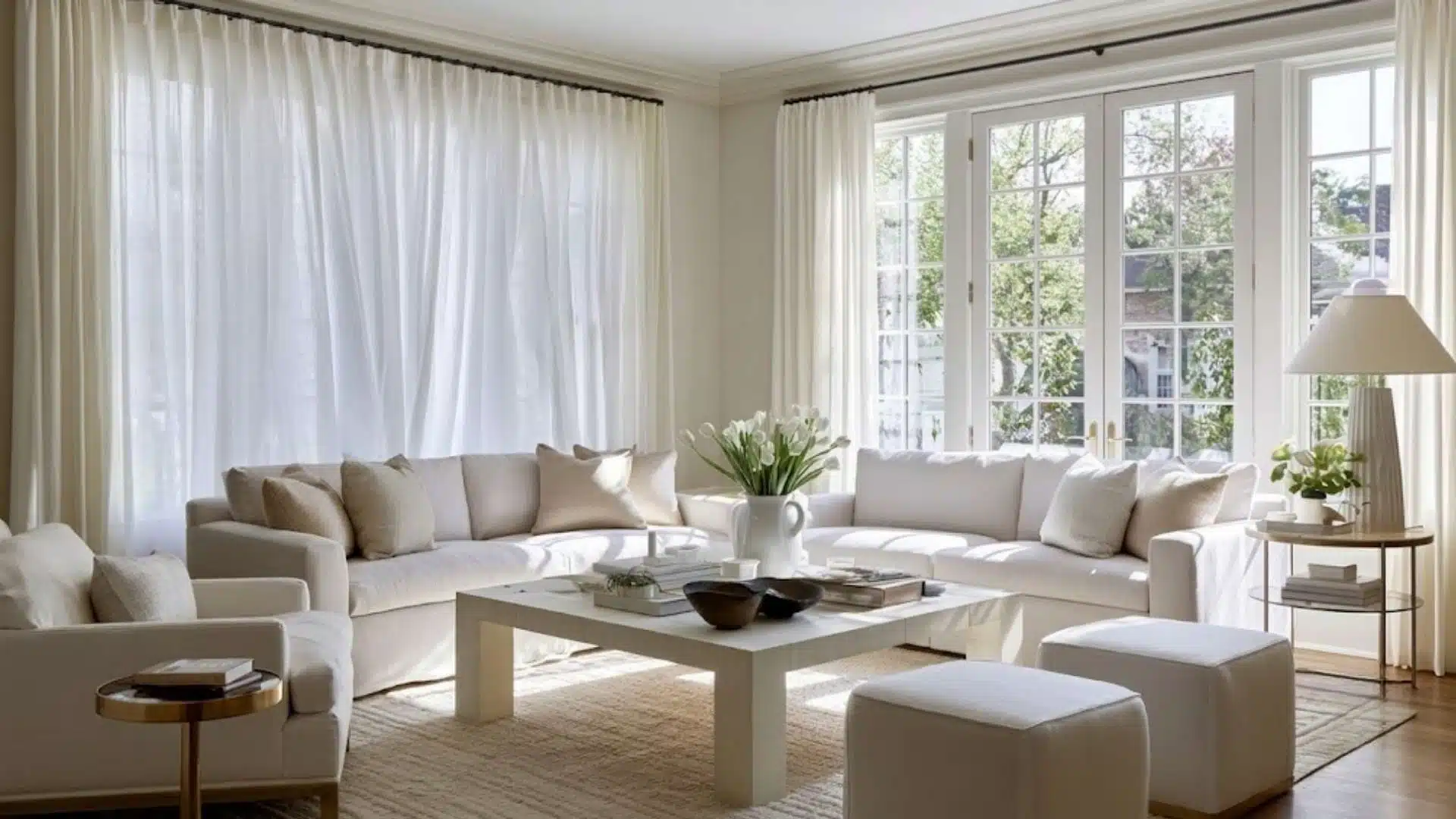 White sheer curtains diffusing natural light in an all-white living room with French doors and tulip arrangement