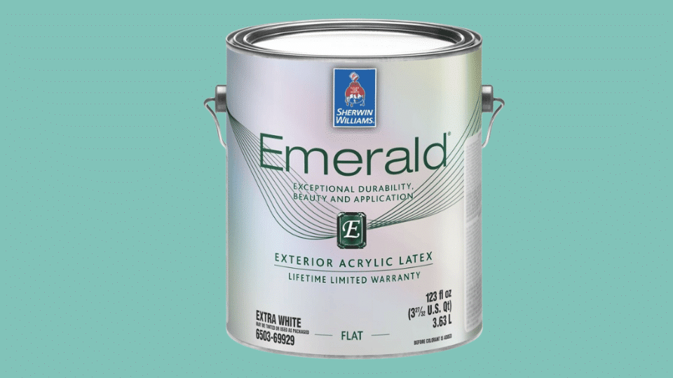Sherwin-Williams Emerald Exterior paint on plain background