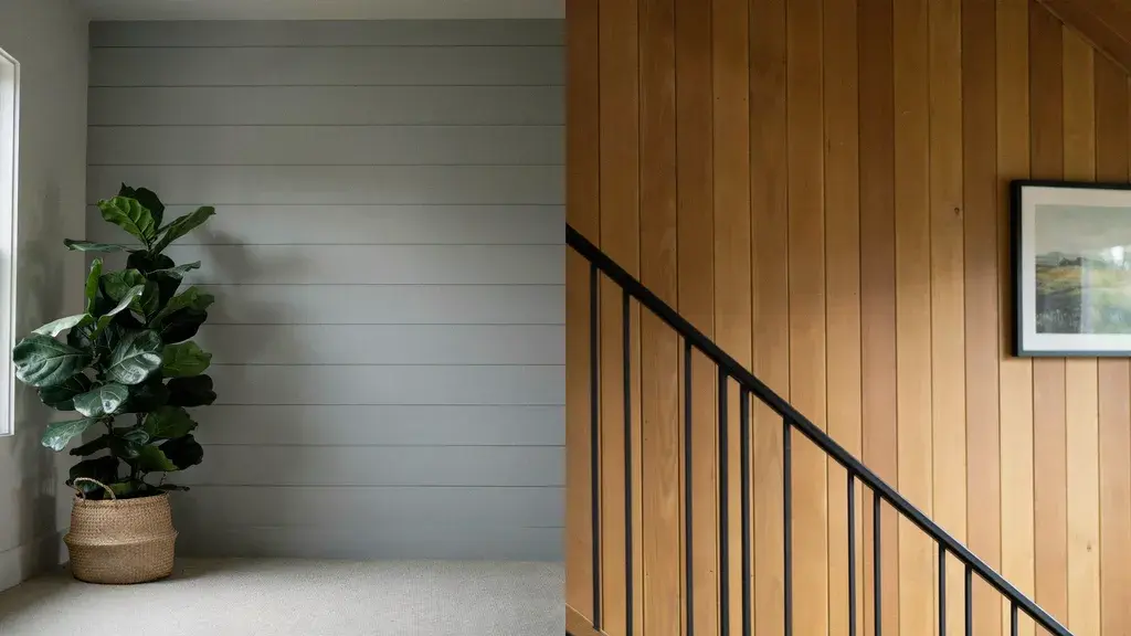 Comparison of shiplap and tongue and groove wood wall paneling styles in modern interiors with neutral, minimalist decor.