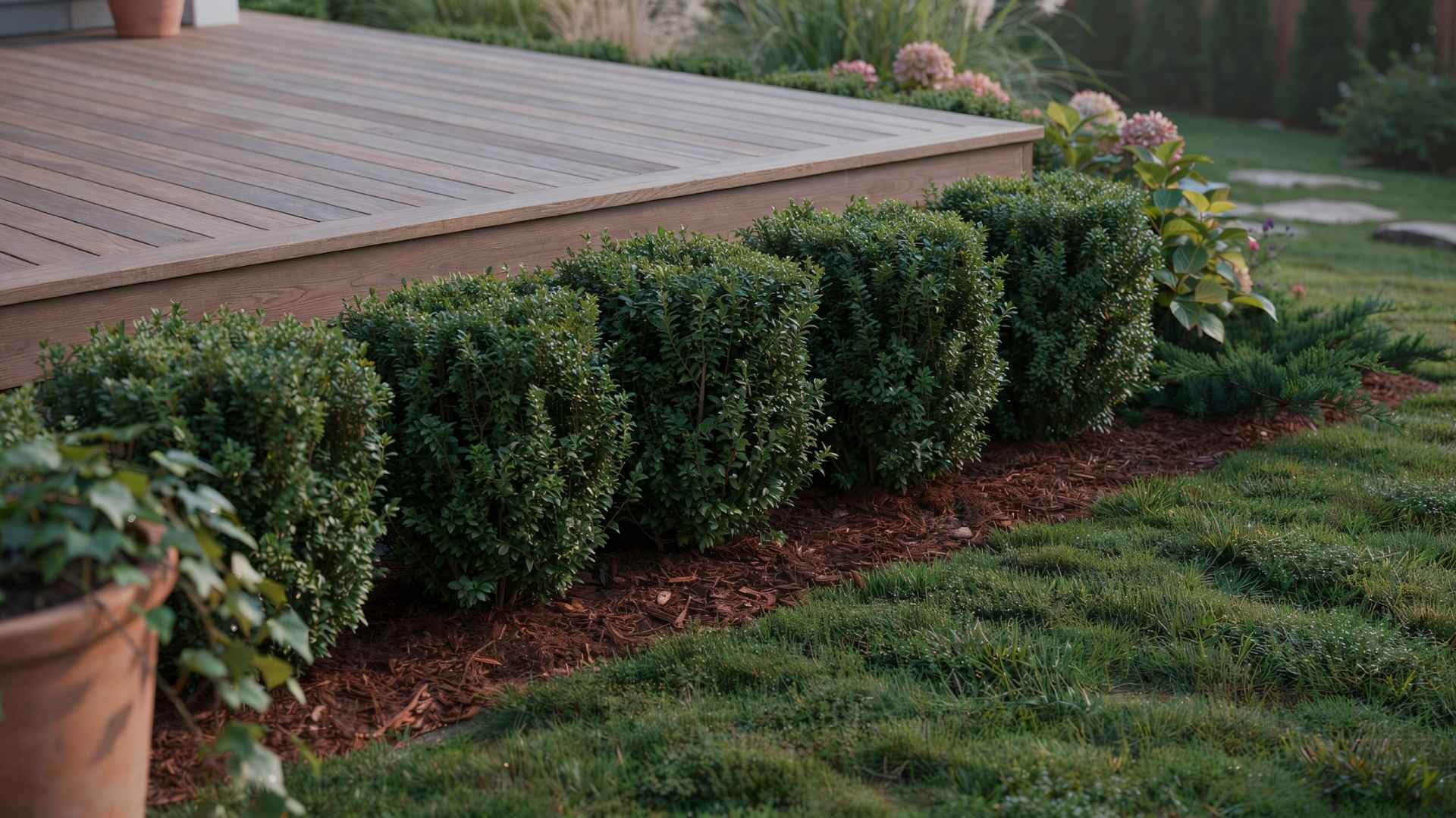 Trimmed boxwood hedges planted along a deck's base to hide the foundation naturally.