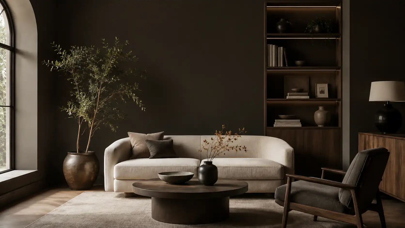 A minimalist living room with walls in Benjamin Moore's 2026 Color of the Year, Silhouette AF-655, a cream sofa, and dark wood accents.