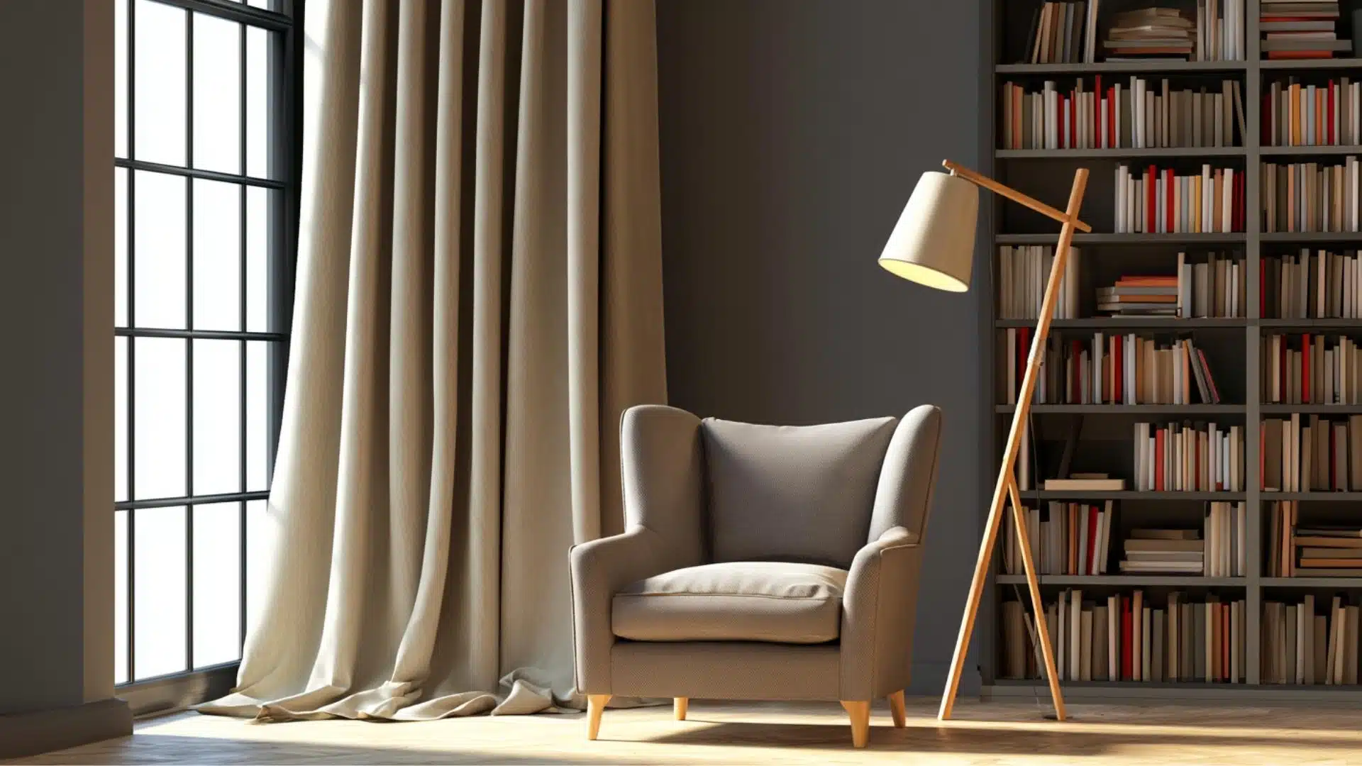 Beige single panel curtain beside a tall black-framed window in a cozy reading nook with bookshelf