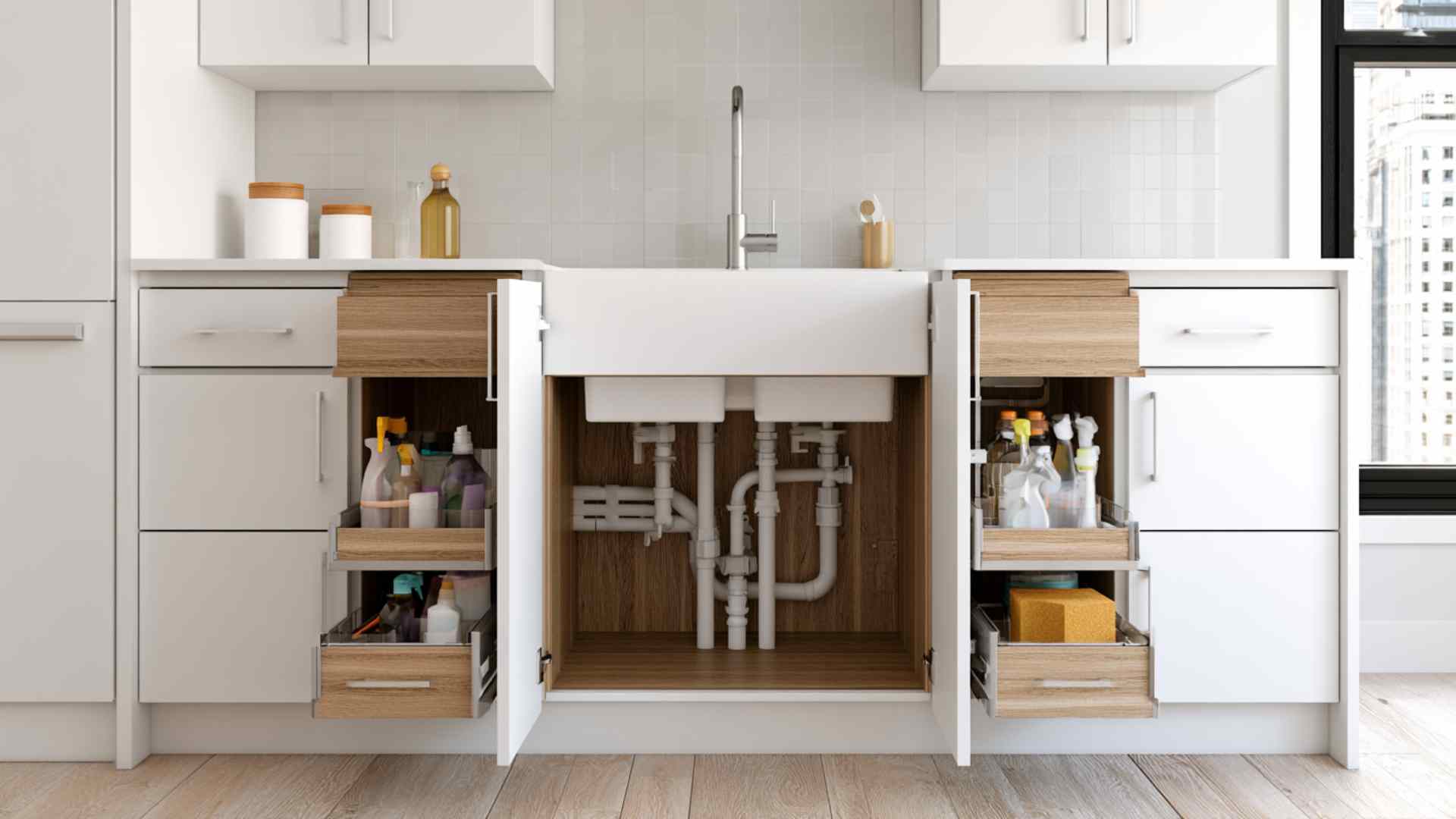 Sink base cabinet with visible plumbing and side storage holding cleaning supplies in a modern clean kitchen
