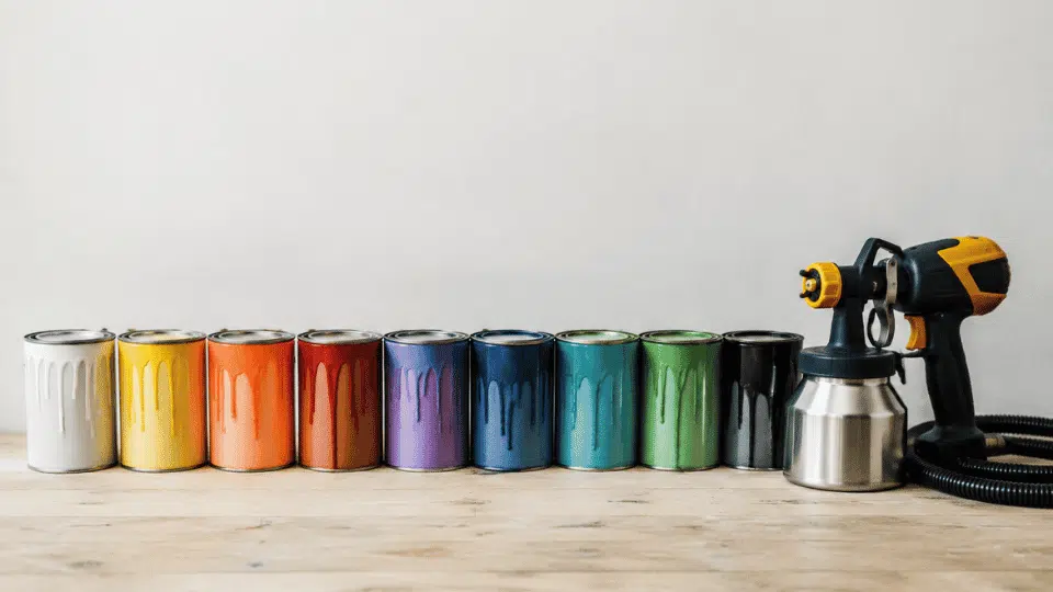 Row of colorful paint cans with dripping paint on a wooden table, paint sprayer placed on the right, minimal background.