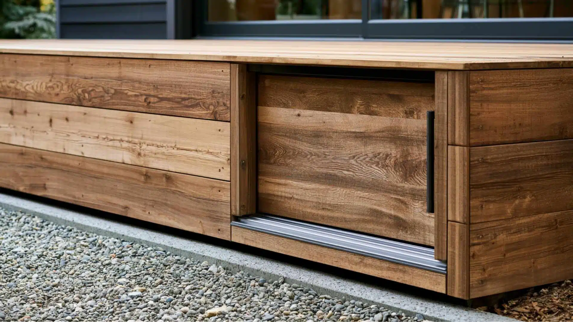 deck skirting with sliding wood panel pulled open on metal track for access.