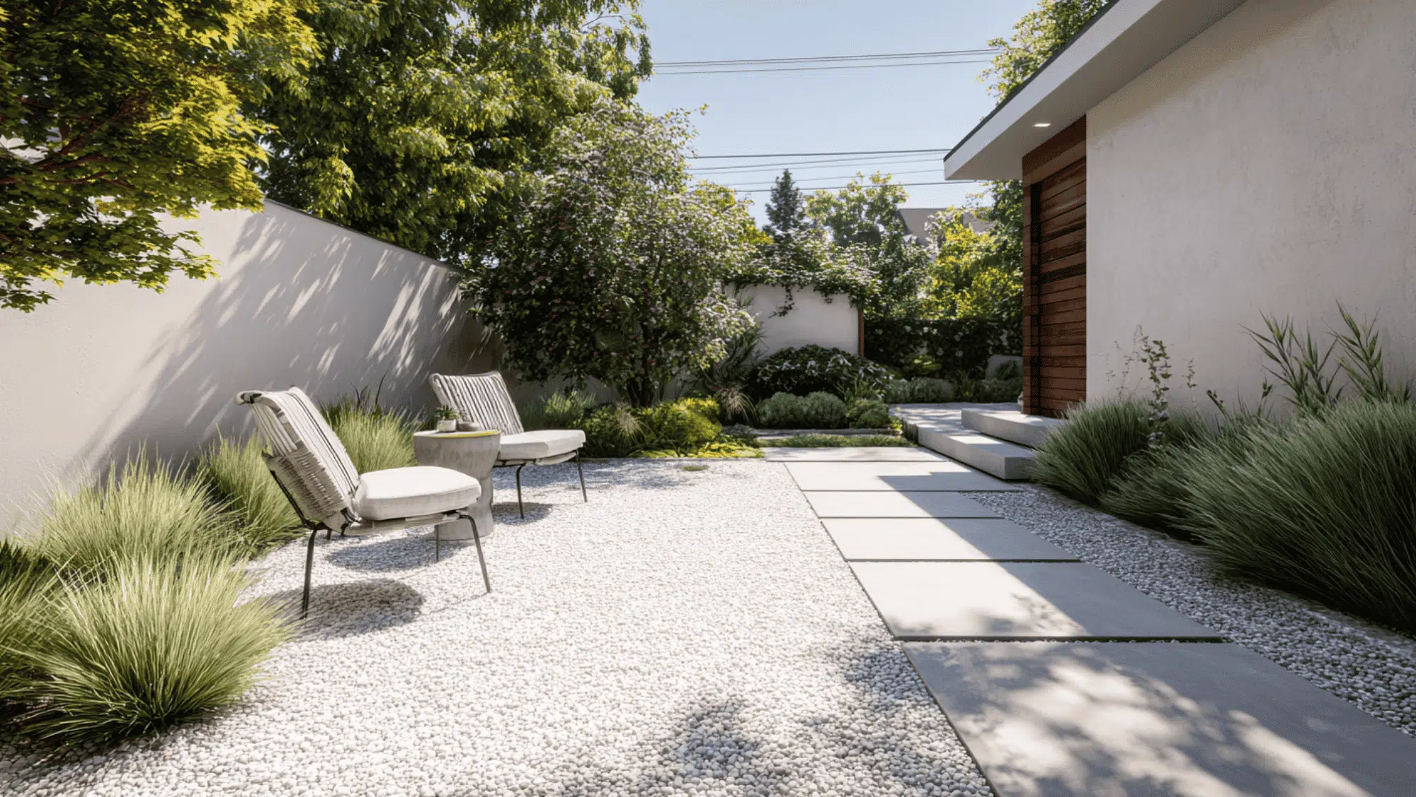 Small modern yard with gravel seating area, narrow planting strip, and concrete path dividing outdoor zones