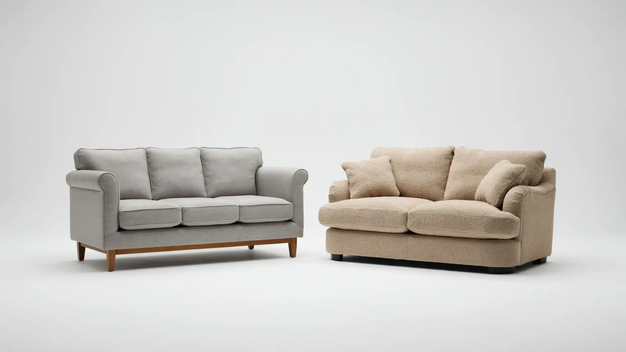 A grey sofa and a beige couch on a plain background
