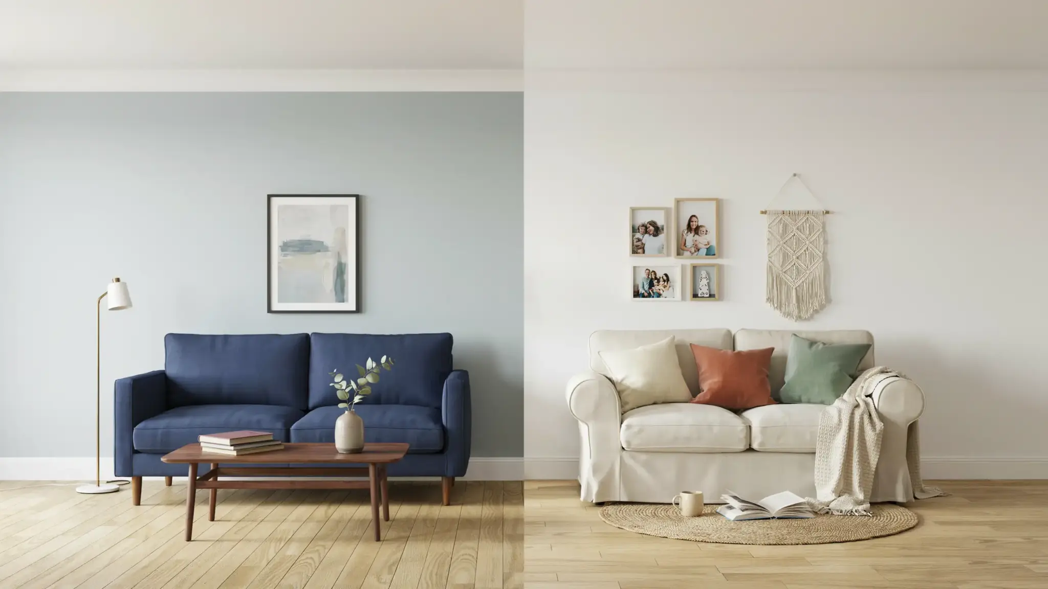 Split modern living room comparison showing navy blue sofa on left side and cream sofa with cozy decor on right side.