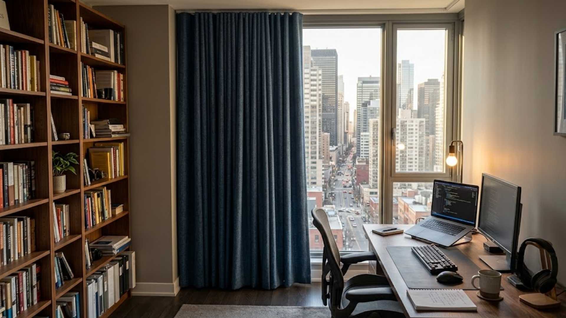 Dark blue soundproof curtain on a floor-to-ceiling window in a city apartment home office with bookshelves