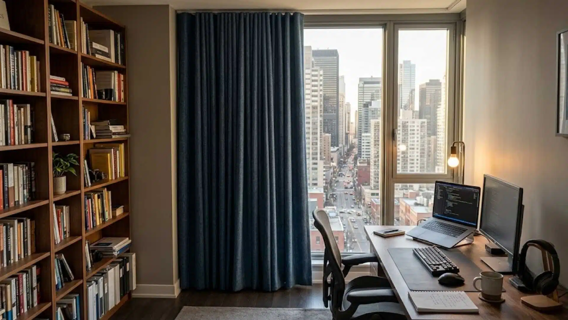 Dark blue soundproof curtain on a floor-to-ceiling window in a city apartment home office with bookshelves