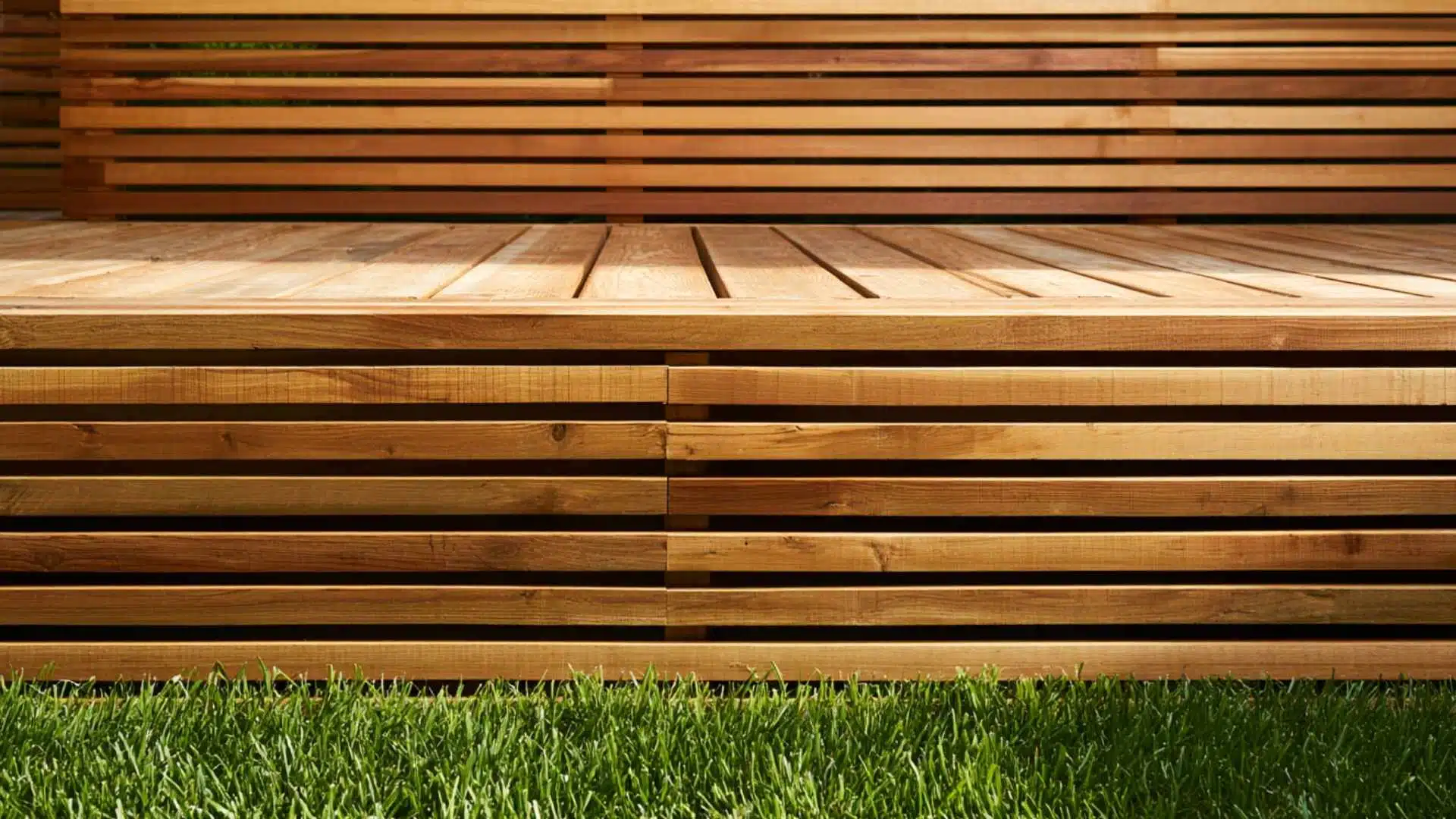 spaced horizontal wood slats with visible gaps form a modern, airy deck skirting design.