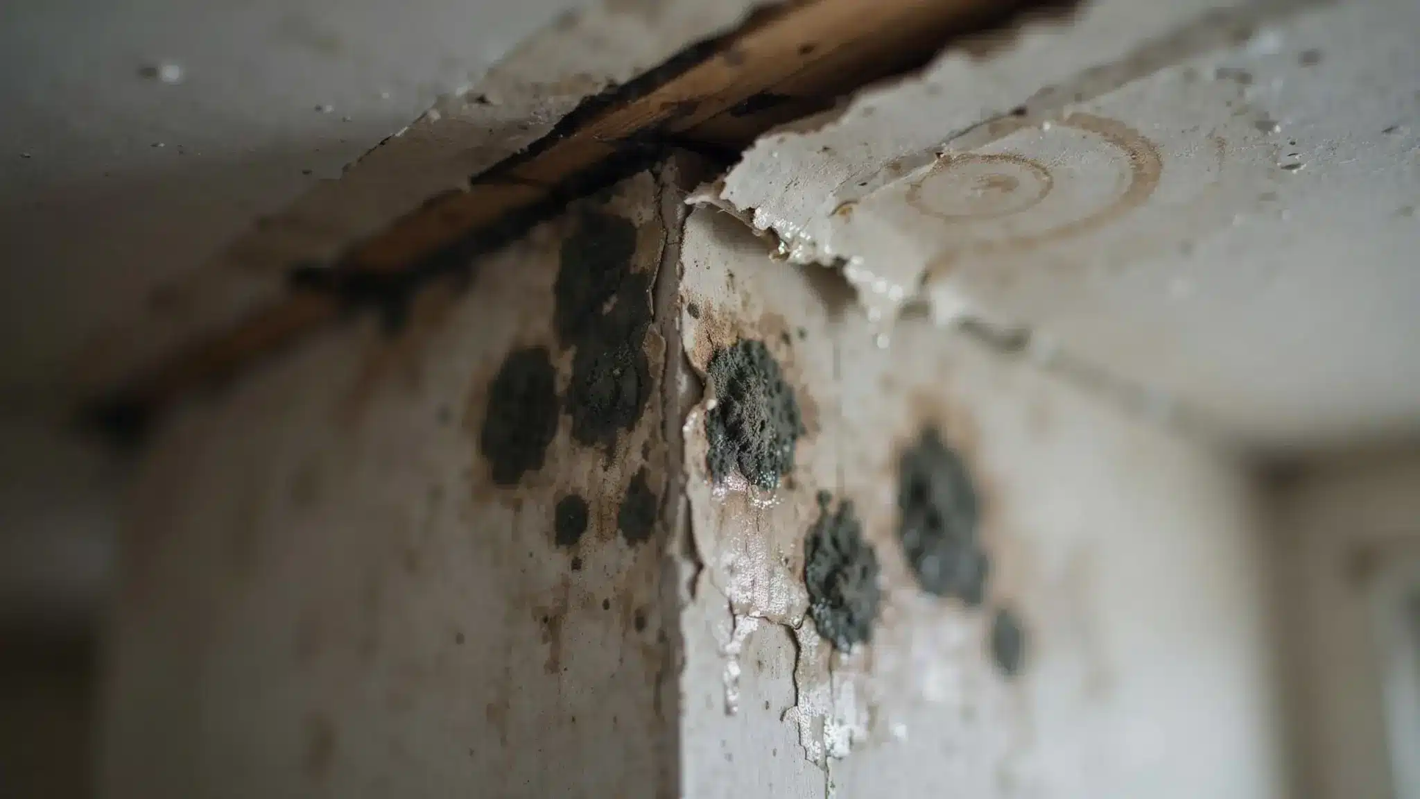 Slimy, dark greenish-black mold growing on water-damaged drywall, ceiling tiles, and wood.