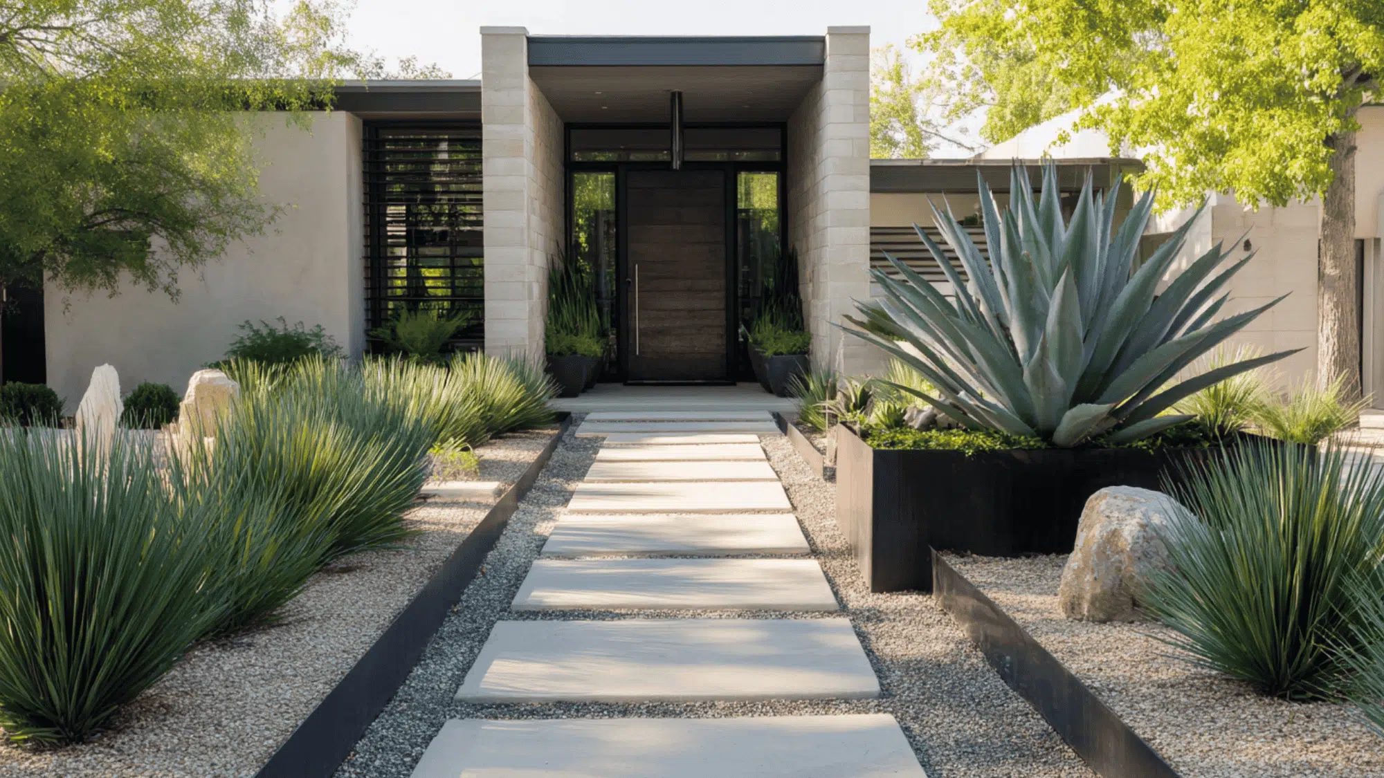 Ornamental grasses and agave plants framing a home entry with steel edging and clean planting bed borders